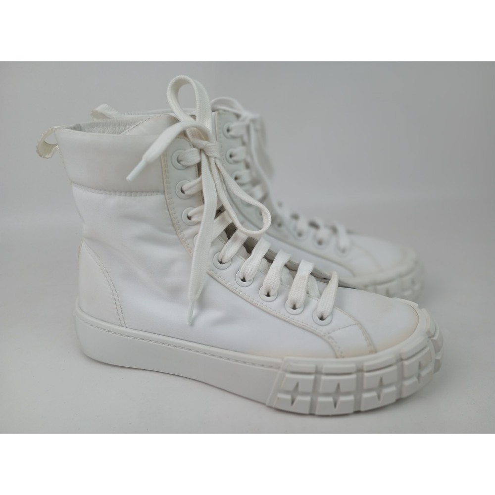 Prada Women's White Nylon High Top Lace Up Logo Sneakers Flat Shoes Size 37